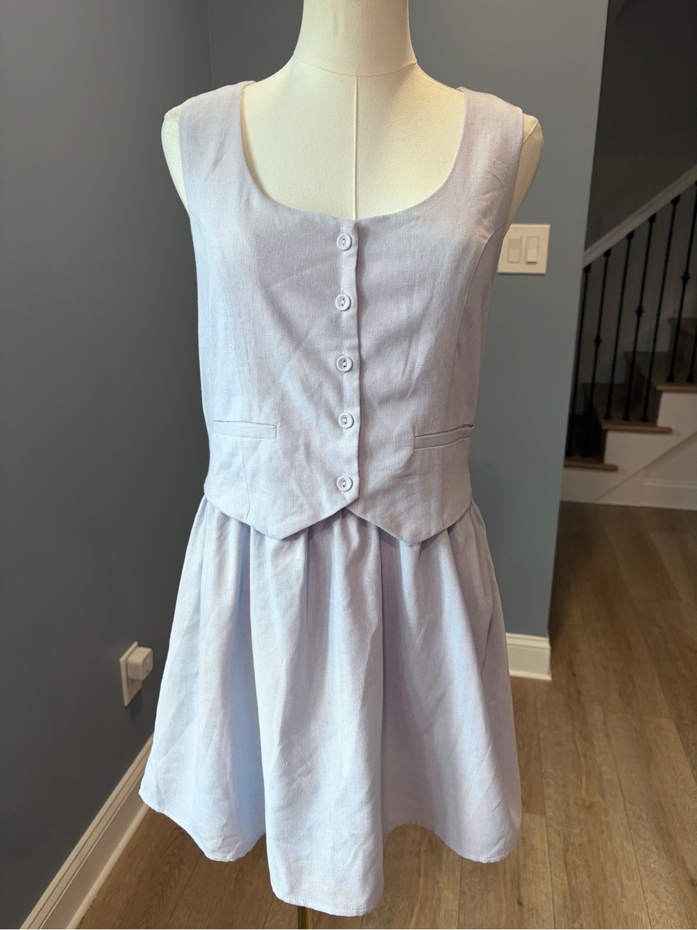 Paper Heart Light Blue Linen Blend Vest Style Mini Dress Tie Back Small